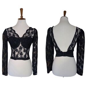 80s‎ Solana Black Lace and Embroidery Corset Midriff Top